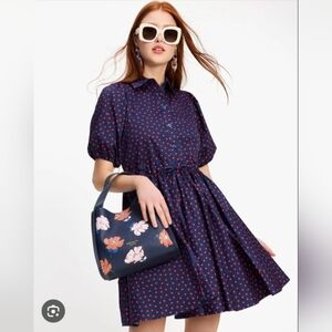 NWT Kate Spade Millie Navy & Red Polka Dot Mini Dress Puff Sleeves Cinched Waist
